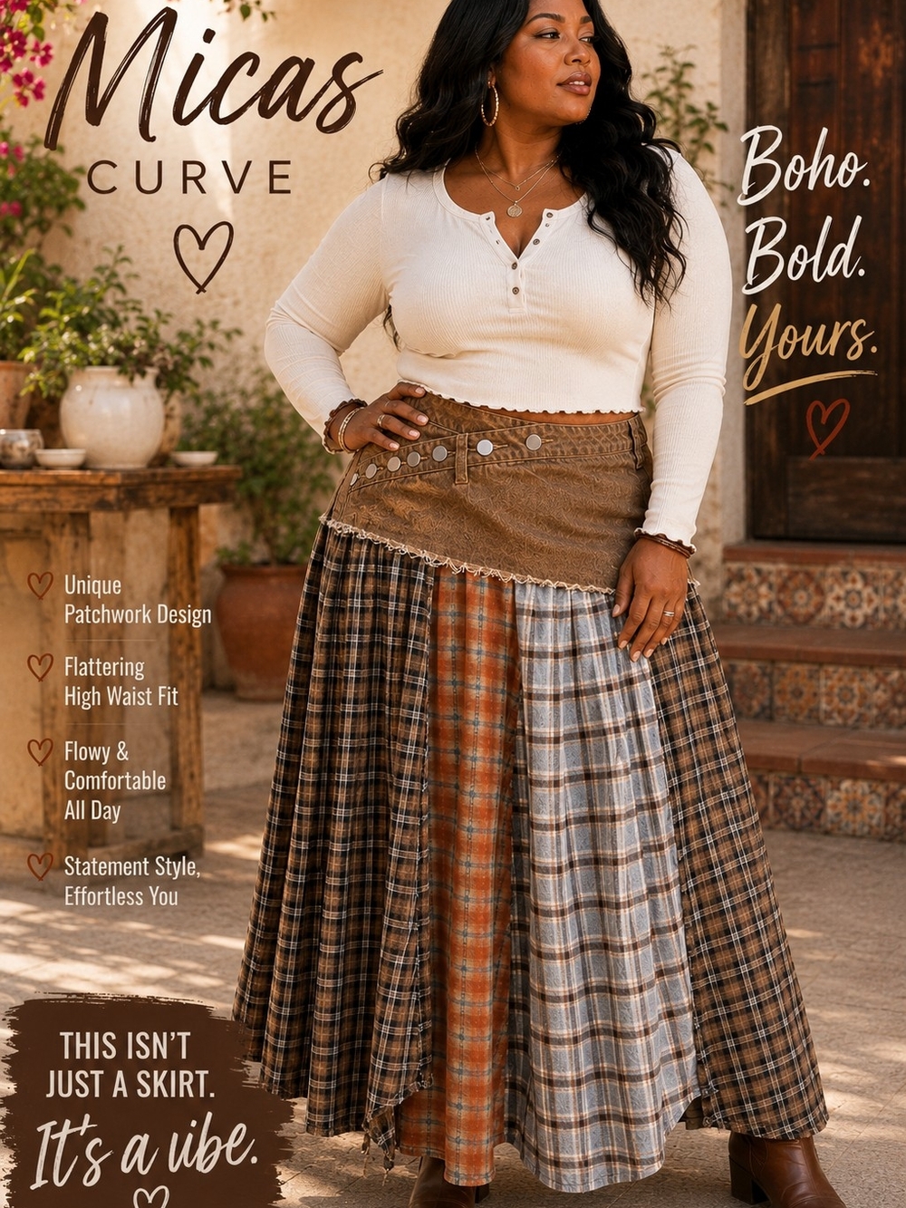Micas Curve Boho Patchwork Maxi Skirt — Brown Plaid